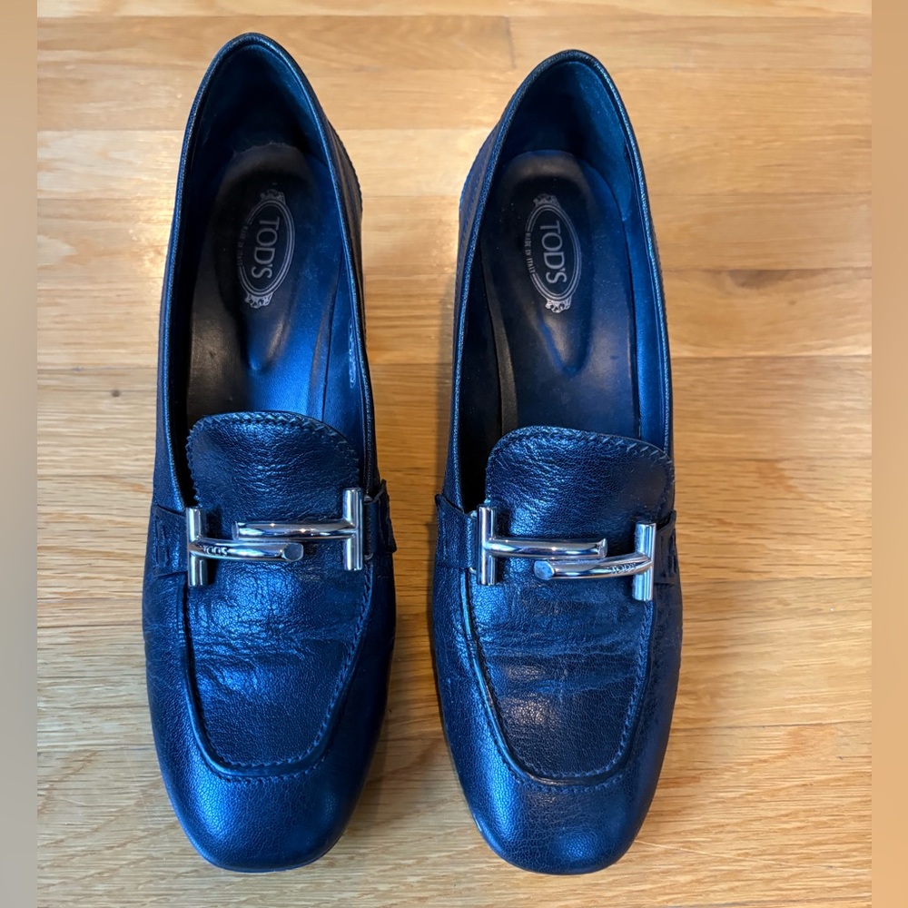 Tod's Navy Leather Loafers with Silver Buckle